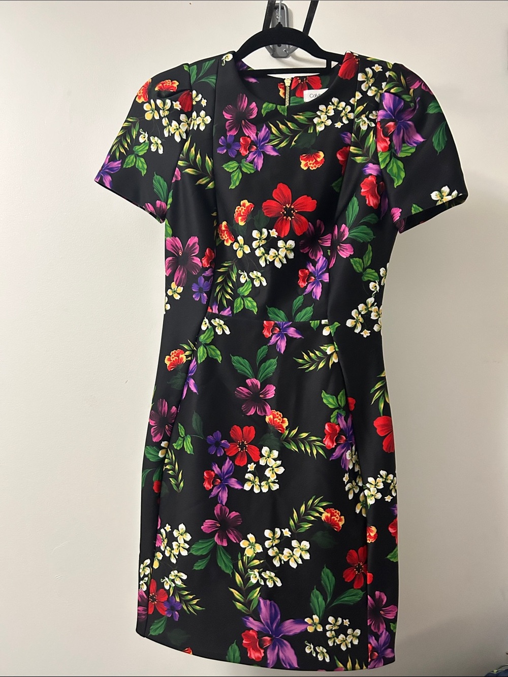 Calvin Klein Black Floral Fit-and-Flare Dress with Red, Purple & Green Accents